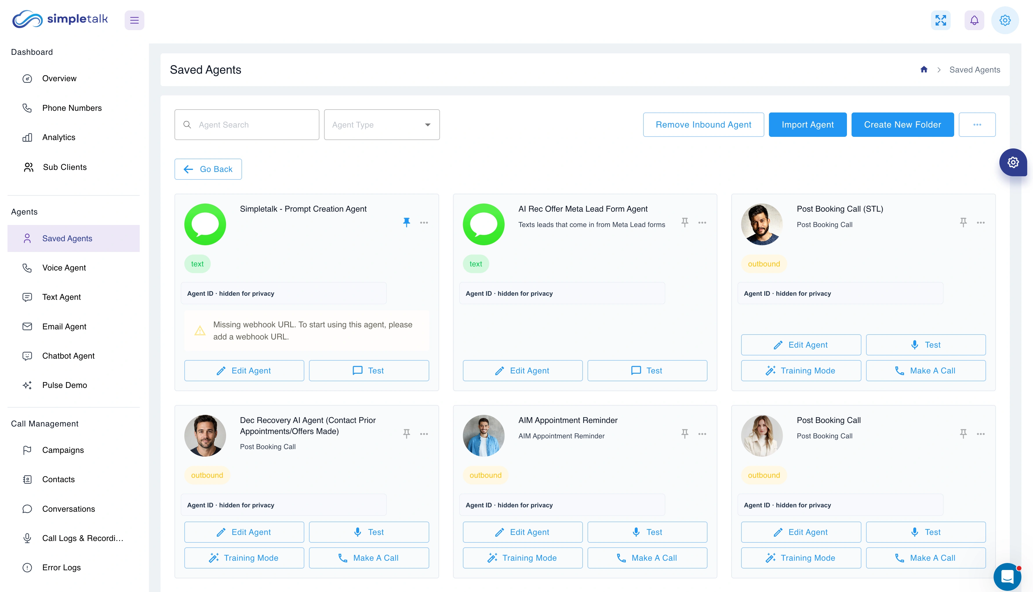 SimpleTalk Saved Agents dashboard with left navigation and six configured voice and text agents across two rows.