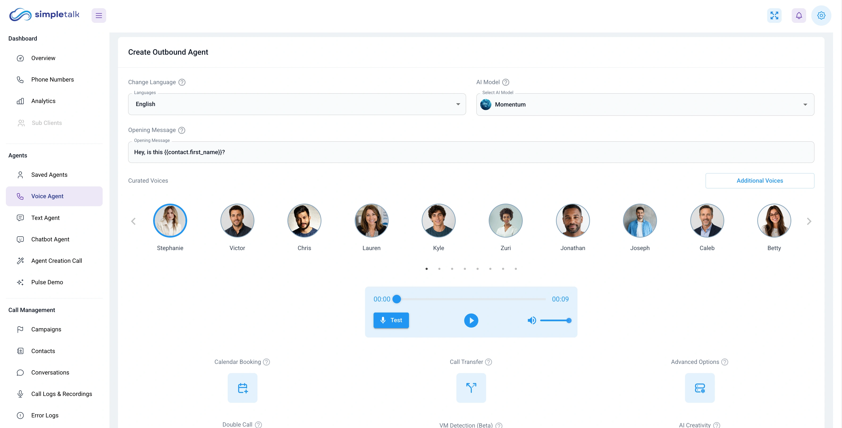 SimpleTalk Voice Agent workspace with left navigation, curated voices, call testing, booking, transfer, and follow-up controls.